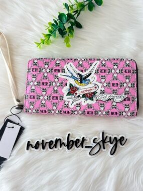 Ed Hardy Pink Rhinestone Tattoo Print Zip-Around Wallet/Wristlet